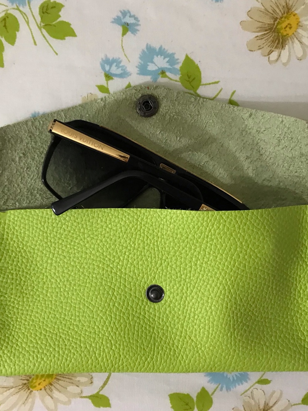 Handmade Genuine Lime Green Textured Leather Sunglasses Pouch with Snap Closure